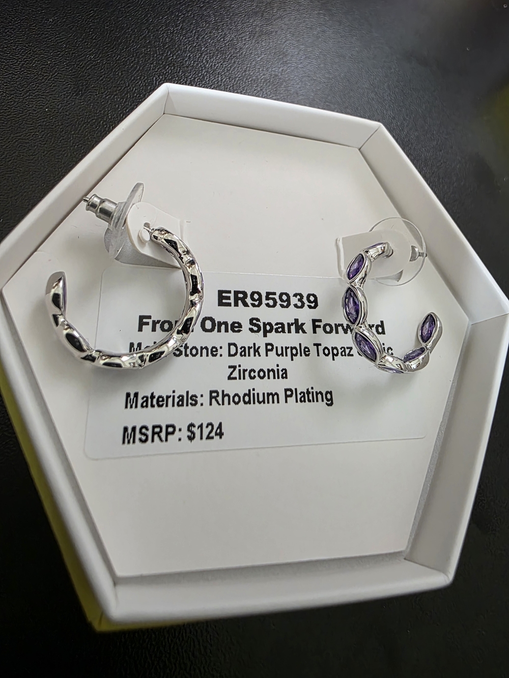 Rhodium-Plated Hoop Earrings with Dark Purple Topaz Zirconia Accents